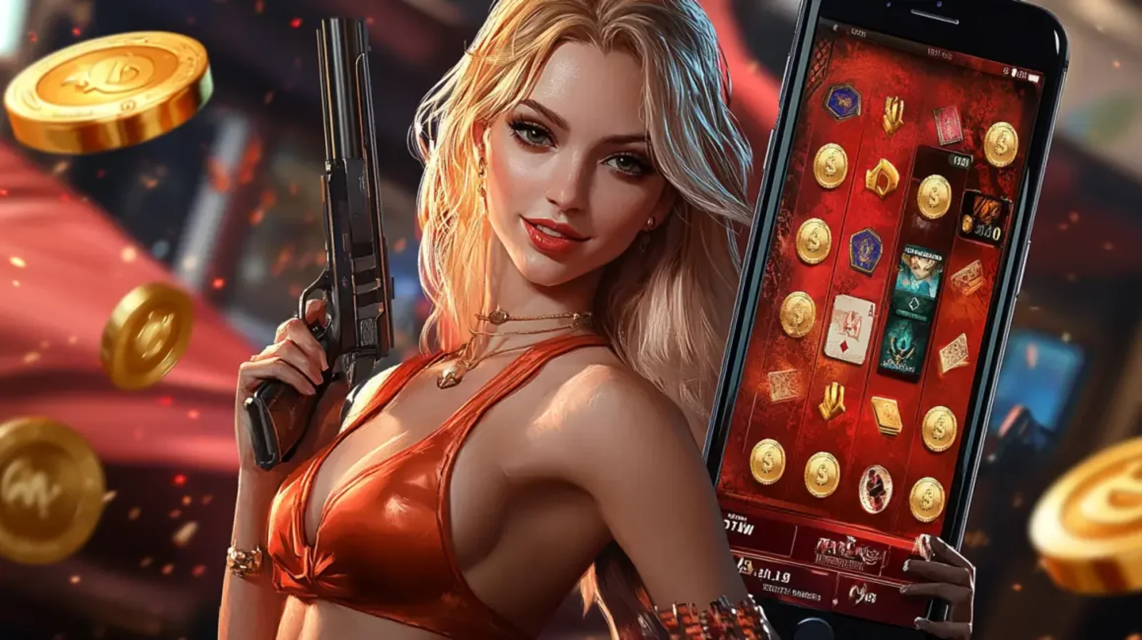 Uma mulher loira segurando uma pistola em uma mão e um smartphone com um aplicativo de jogo de cartas na outra. Moedas de ouro flutuam ao redor, criando uma cena de ação e apostas emocionantes através do aplicativo.
