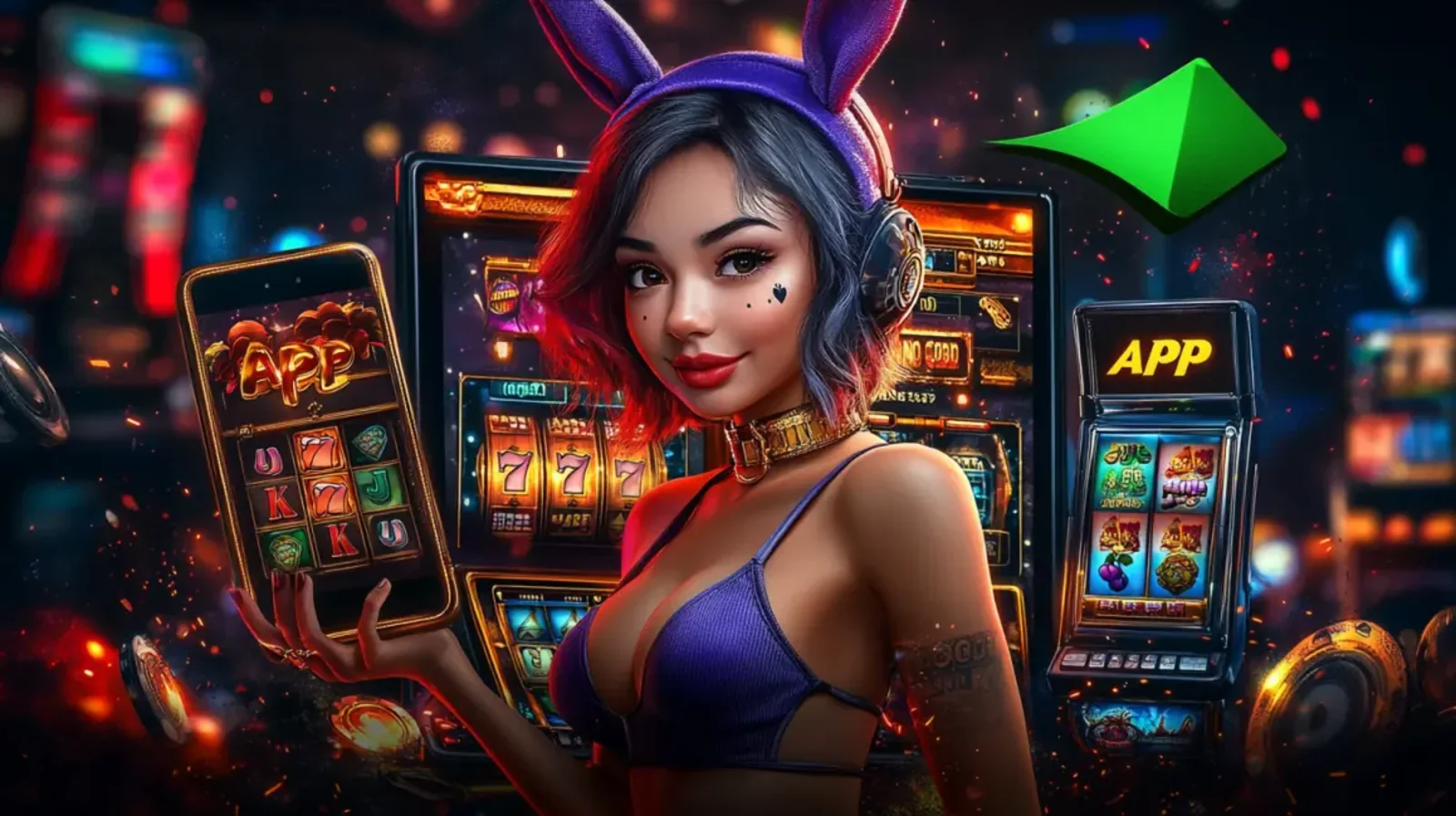 Uma mulher com orelhas de coelho e fones de ouvido segura um smartphone exibindo um aplicativo de jogo com a palavra APP. O fundo está repleto de máquinas caça-níqueis, destacando a conveniência de jogar no aplicativo móvel.