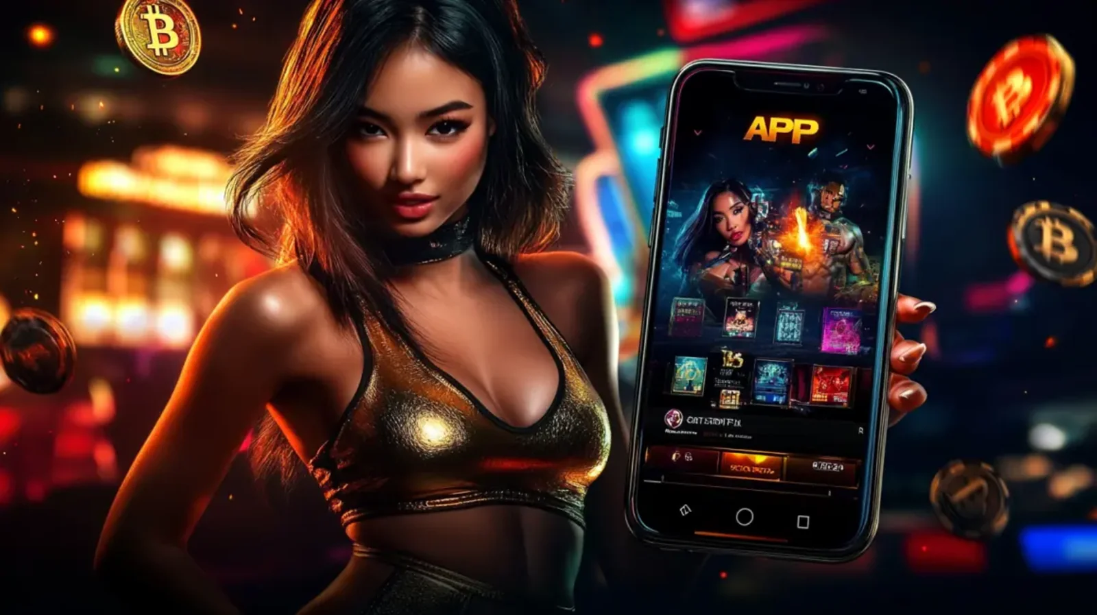 Uma mulher com um top dourado apresenta um smartphone com a tela do aplicativo de jogos aberta. O aplicativo mostra diferentes personagens e opções de jogo em um ambiente de cassino moderno e iluminado.