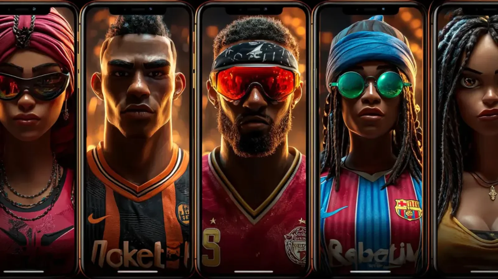 Uma fileira de cinco smartphones, cada um exibindo o retrato de um atleta diferente, representando a variedade de esportes e jogadores nos quais se pode apostar. Perfeito para destacar as opções de apostas esportivas.