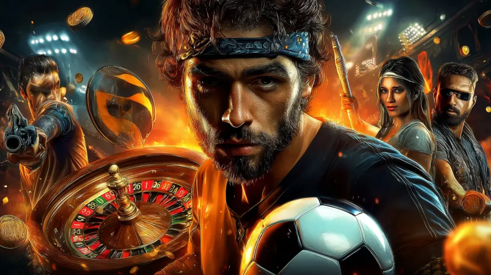Uma colagem dinâmica representando diversas opções de apostas, incluindo um homem com uma bola de futebol para apostas esportivas e uma roleta para jogos de cassino. O ambiente intenso reflete a emoção das apostas.