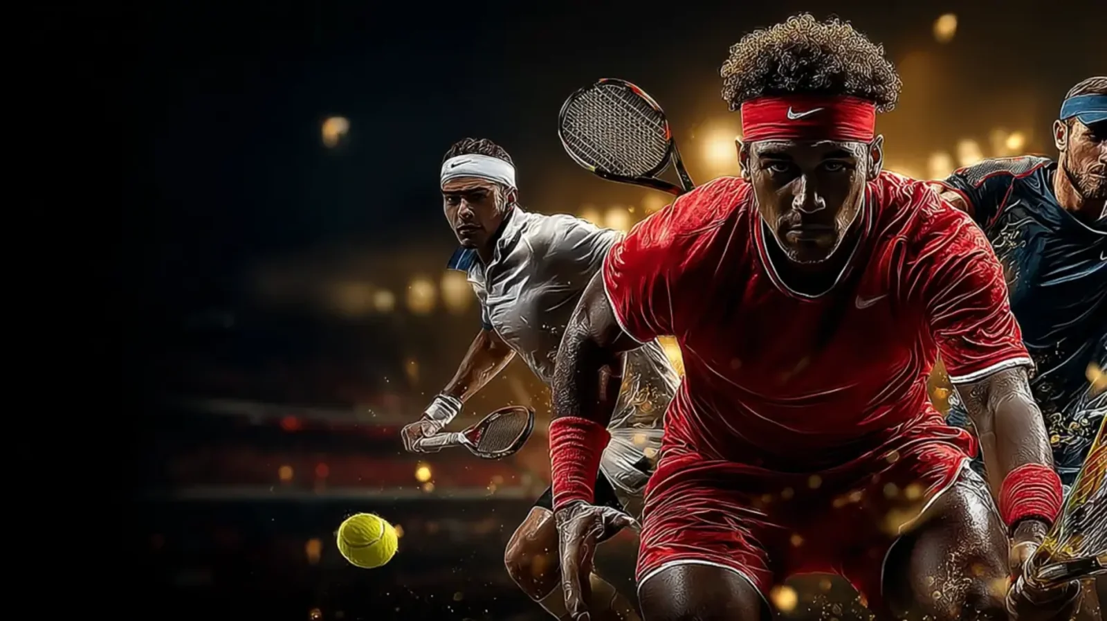 Três jogadores de tênis em uma partida intensa, ideal para ilustrar a seção de apostas esportivas. A imagem captura o dinamismo e a competição do esporte, convidando os usuários a fazerem suas apostas em tênis.