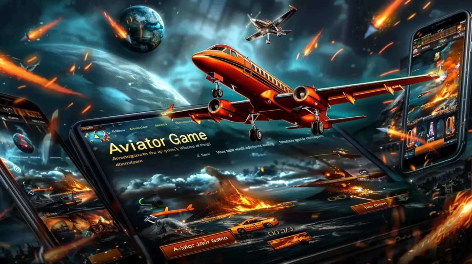 Uma cena de ação com o jogo Aviator em destaque em várias telas. Um avião vermelho voa sobre um cenário caótico, representando a emoção e a adrenalina de apostar e tentar sacar antes que o avião voe para longe.