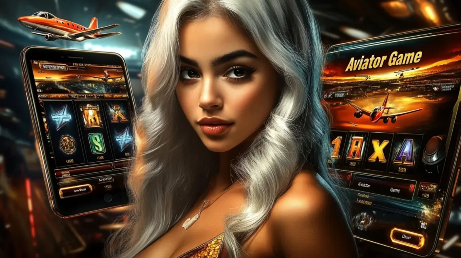 Uma mulher de cabelo branco entre dois celulares que exibem o popular jogo Aviator. A interface do jogo, com aviões e gráficos de apostas, é claramente visível, destacando a experiência de jogo imersiva.