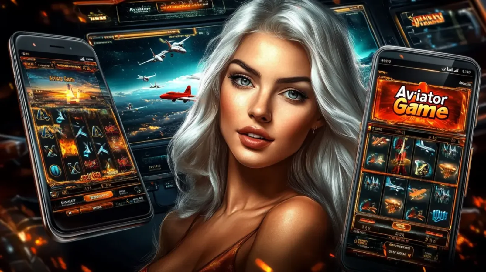 Uma mulher com cabelo platinado apresentando o jogo Aviator em dois smartphones. O fundo mostra mais telas de controle e aviões, mergulhando o espectador no universo do popular jogo de apostas Aviator.