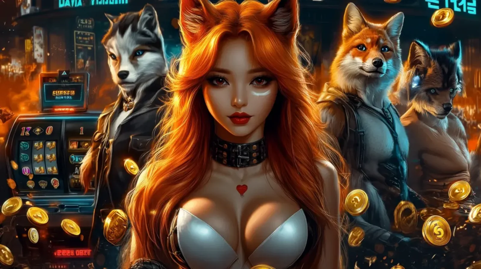 Personagens com tema de raposa em um ambiente de cassino, com uma mulher de cabelo laranja no centro. A imagem sugere jogos temáticos com rodadas de bônus especiais e recompensas exclusivas.