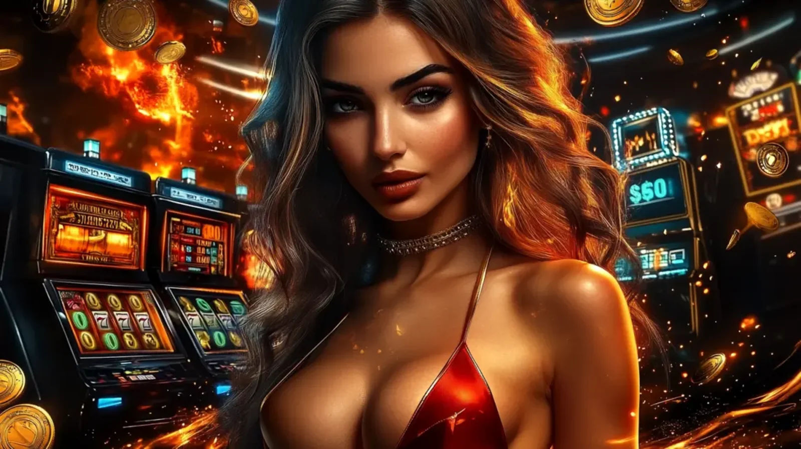 Uma mulher elegante em um vestido vermelho cercada por máquinas caça-níqueis e moedas de ouro voadoras, simbolizando os bônus generosos e as oportunidades de ganho no cassino. O ambiente é vibrante e convidativo.