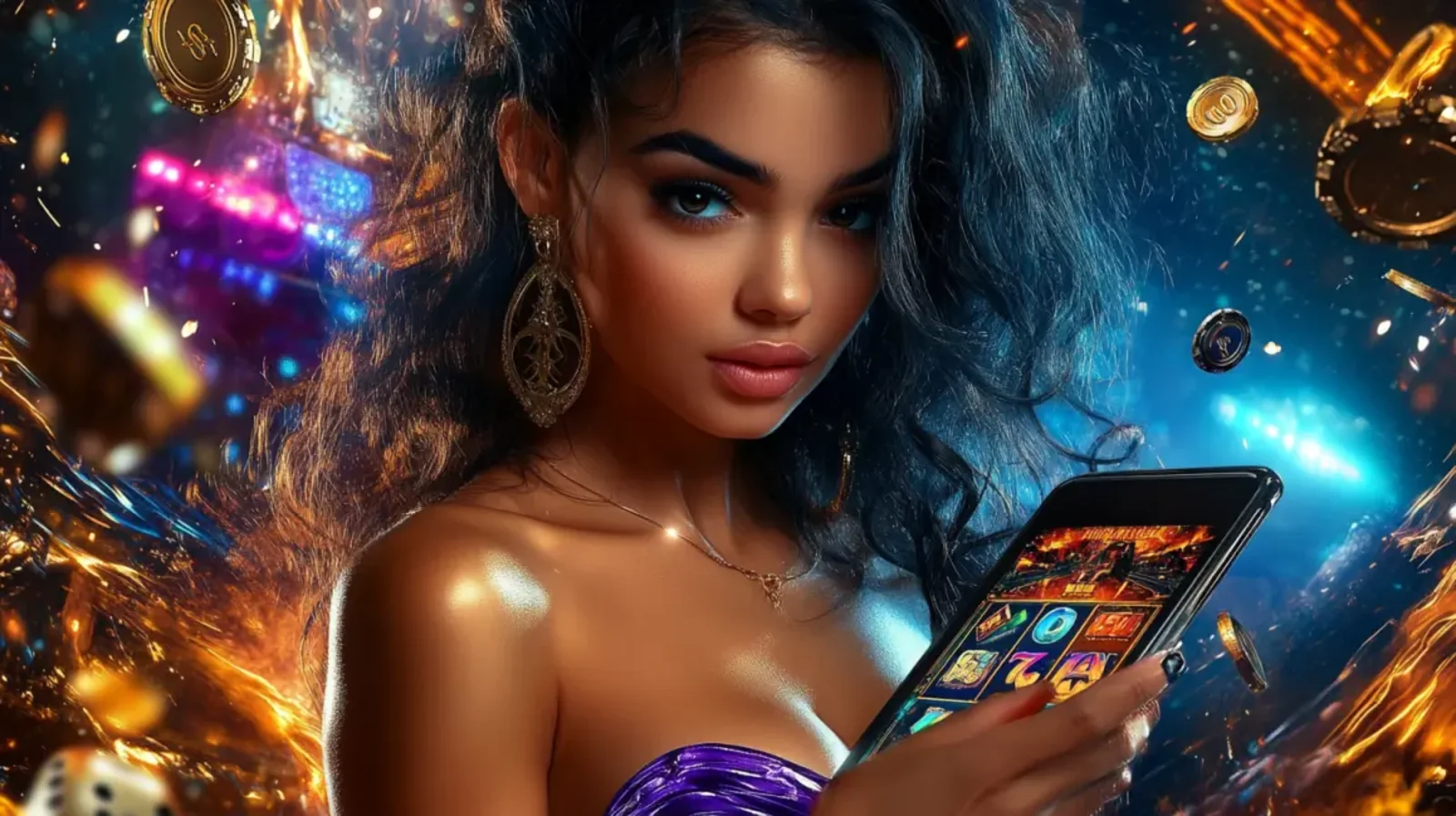 Uma mulher deslumbrante segura um celular com um jogo de caça-níqueis, enquanto o fundo explode em luzes, moedas e dados. A cena ilustra os bônus e recompensas emocionantes que os jogadores podem obter.