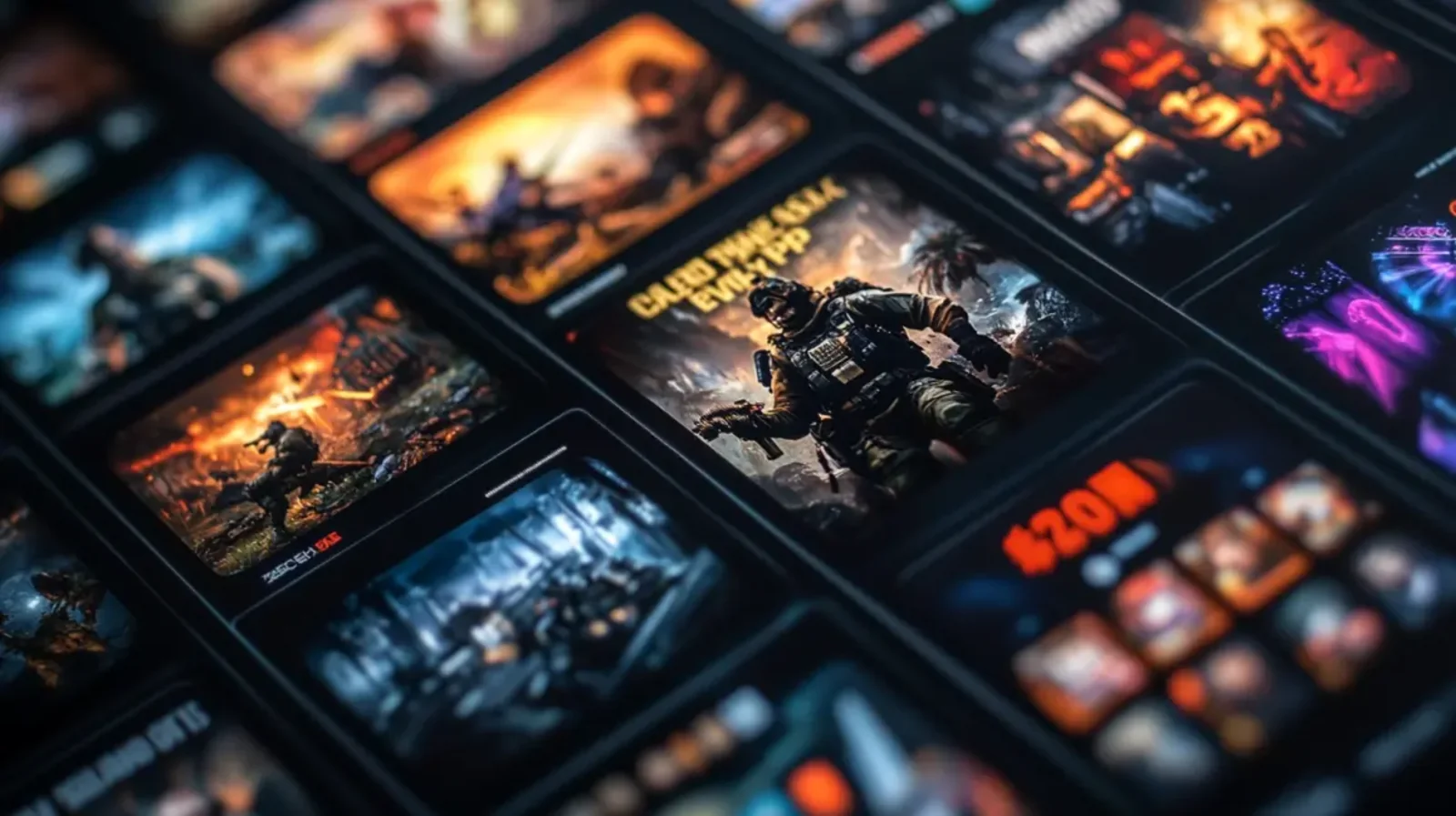 Uma tela de dispositivo móvel exibindo uma vasta biblioteca de jogos, incluindo títulos de ação e aventura. A imagem destaca a ampla seleção de caça-níqueis e outros jogos disponíveis para jogar.