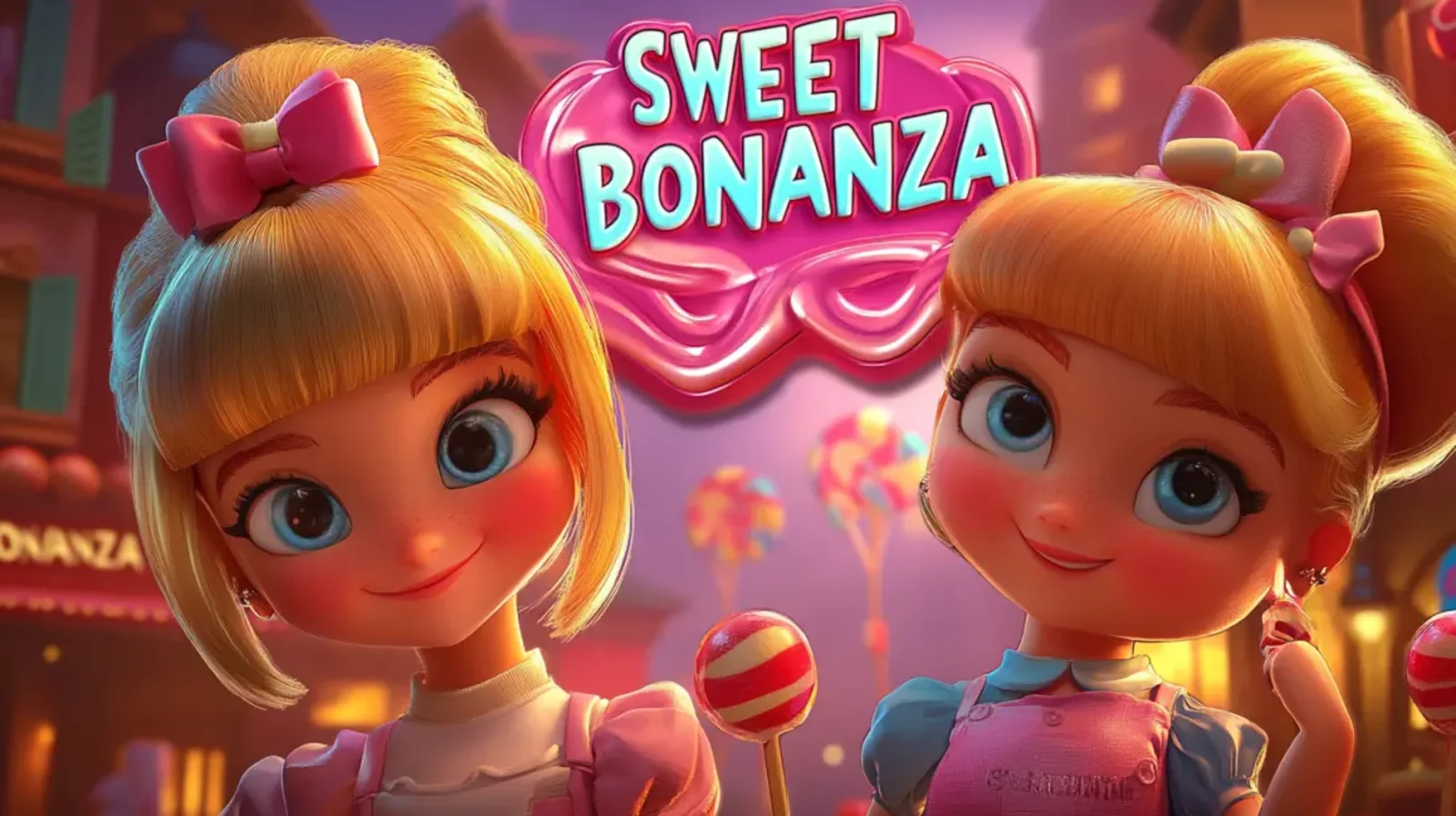 Duas personagens de desenho animado no mundo de doces do popular jogo de caça-níqueis Sweet Bonanza. O logotipo do jogo está em destaque, convidando os jogadores a uma experiência de jogo doce e colorida.