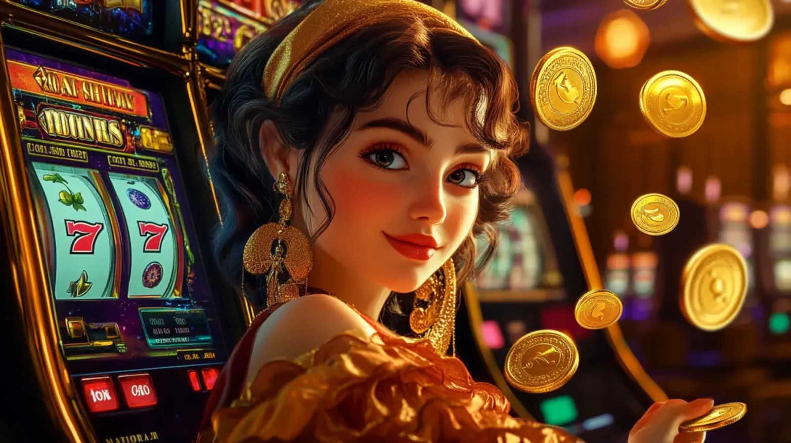 Uma mulher sorridente ao lado de uma máquina caça-níqueis clássica, interagindo com o ambiente do cassino. Esta cena representa a experiência de um cassino ao vivo, com a emoção de jogar em tempo real com dealers.