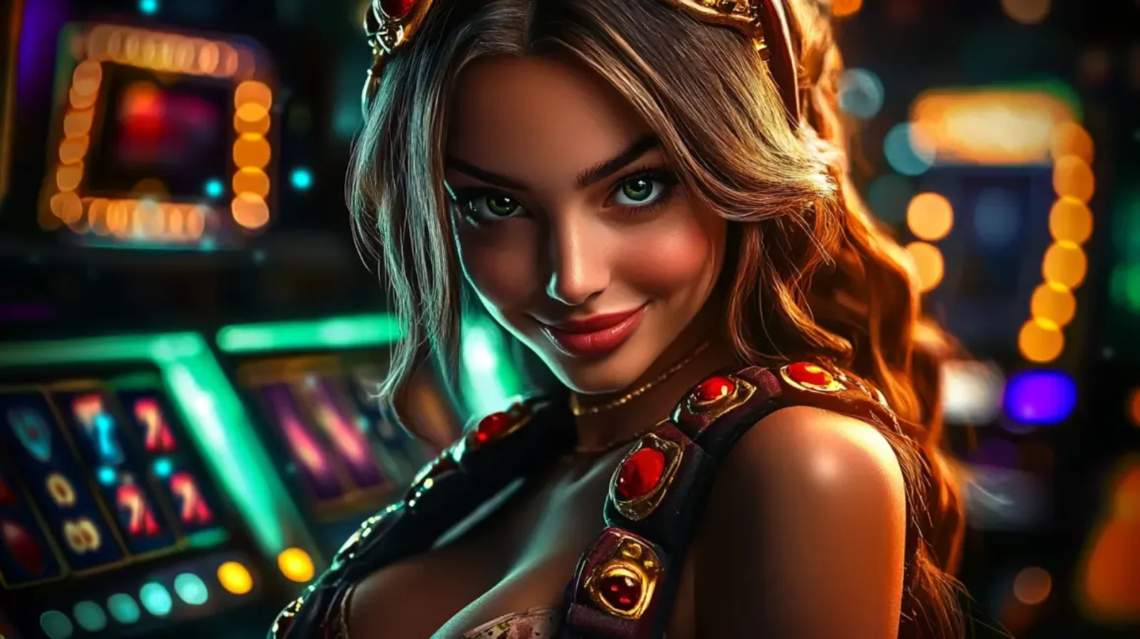 Uma mulher com um sorriso convidativo e traje elegante em um ambiente de cassino com luzes de néon desfocadas. A imagem transmite a sensação de estar em um cassino real, interagindo com um dealer ao vivo.