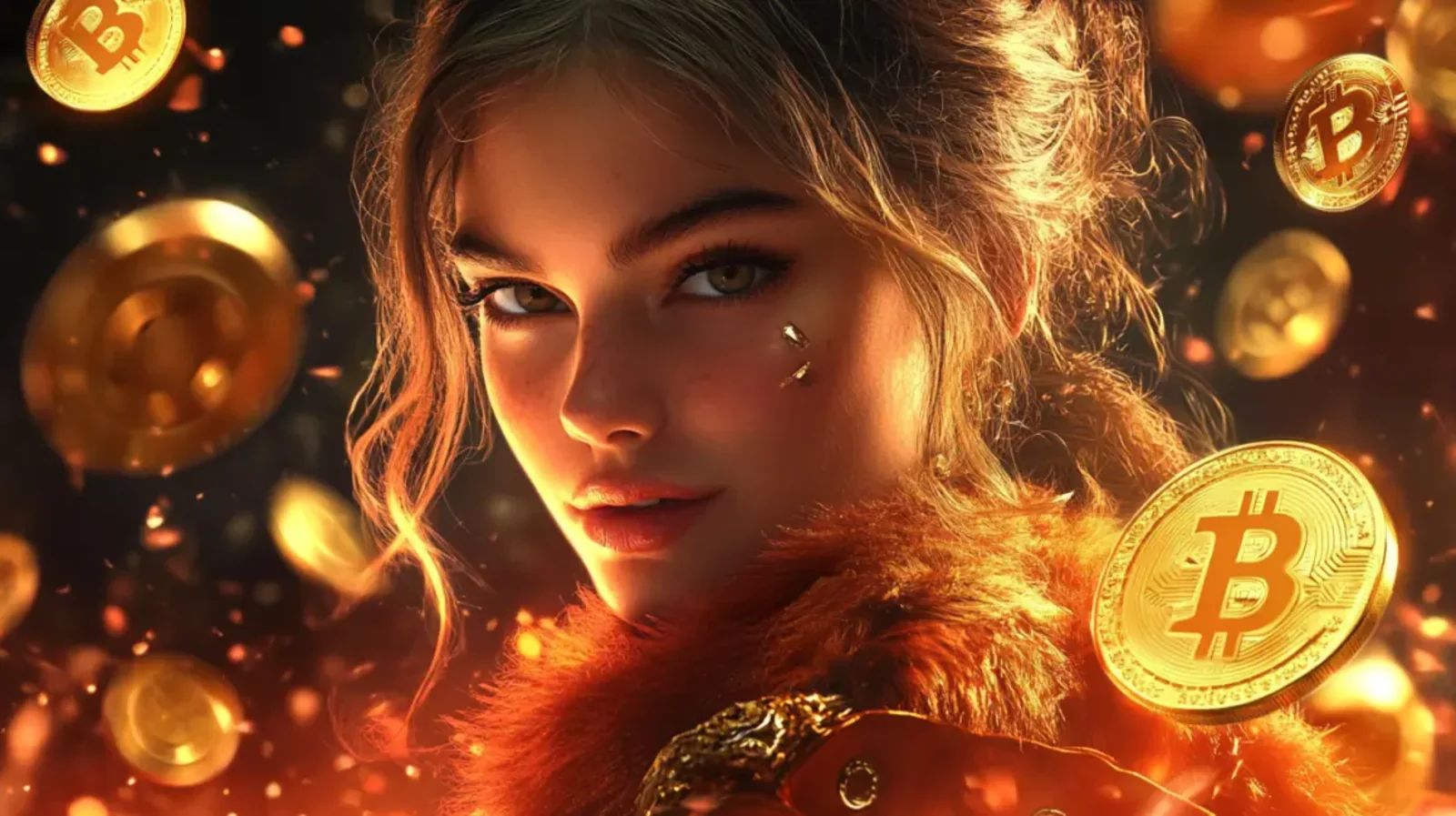 O rosto de uma mulher iluminado por uma luz quente, cercada por moedas de ouro e Bitcoins brilhantes. A imagem evoca a atmosfera de um cassino ao vivo, onde as apostas e a interação acontecem em tempo real.