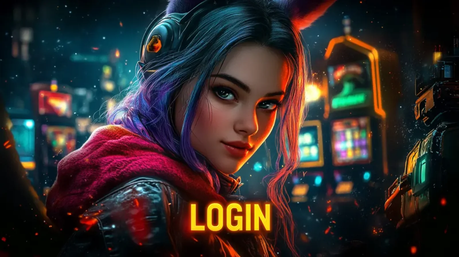 Uma jovem com cabelo colorido, fones de ouvido e orelhas de coelho em um ambiente de cassino noturno e neon. A palavra LOGIN em letras brilhantes está sobreposta, convidando os usuários a se cadastrarem e entrarem no jogo.