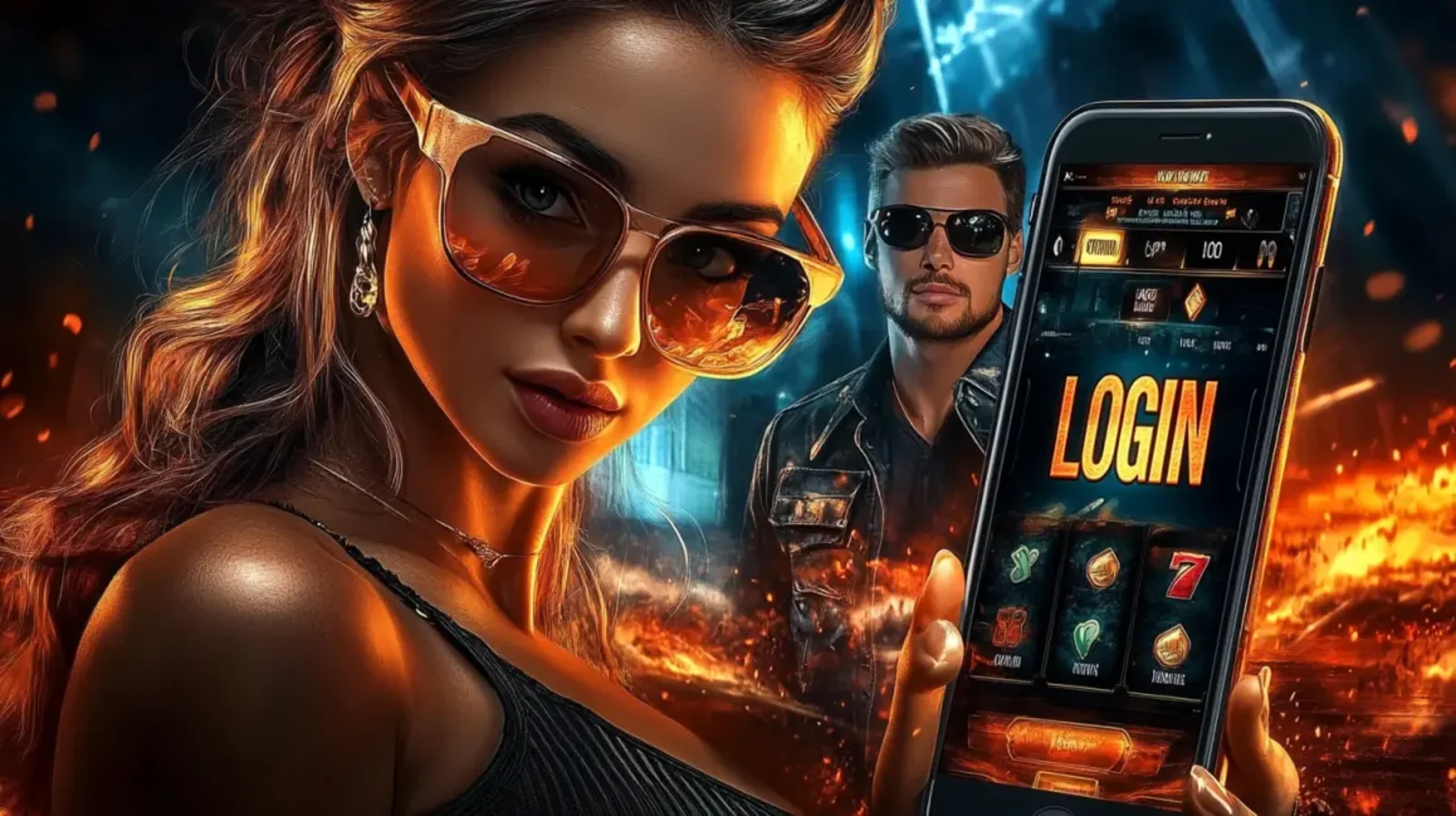 Uma mulher estilosa de óculos de sol segura um smartphone exibindo uma tela de LOGIN para um jogo de cassino. Um homem de aparência séria está ao fundo, com um ambiente de chamas e ação, sugerindo um processo de cadastro rápido.