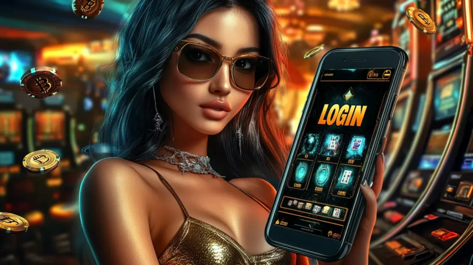 Uma mulher sofisticada de óculos escuros segura um celular que mostra a tela de LOGIN de um aplicativo de cassino. O ambiente é um cassino luxuoso, com máquinas caça-níqueis e moedas de bitcoin flutuando, indicando o registro.