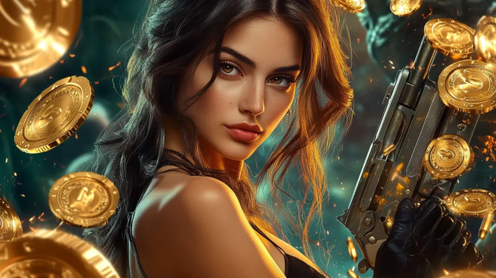 Uma mulher de cabelo comprido e olhar determinado segura uma pistola em um cenário com moedas de ouro flutuando. A imagem representa a variedade de jogos de ação e aventura disponíveis na plataforma.